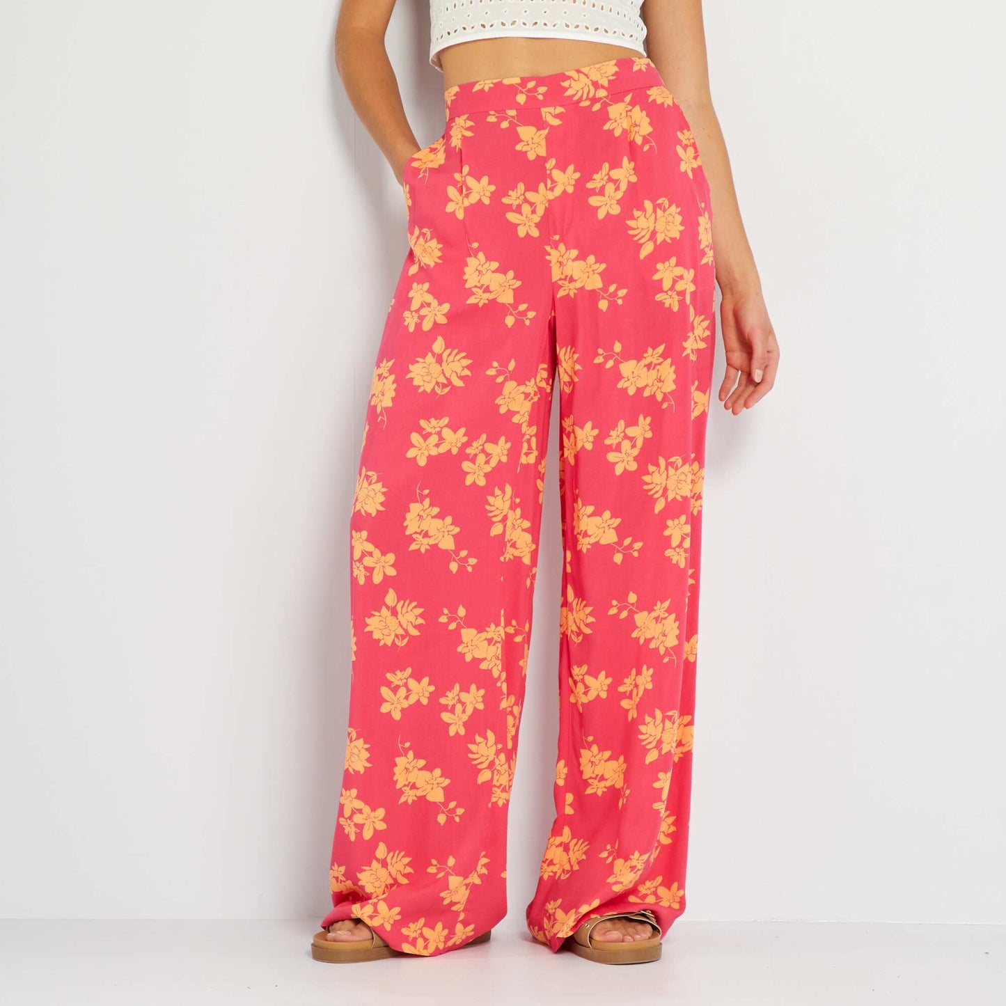 High-waisted wide-leg printed trousers PINK