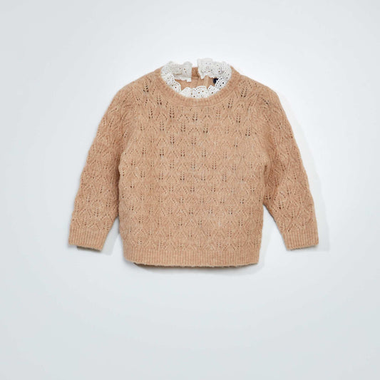 Openwork knit sweater with broderie anglaise LIGHT BEIGE