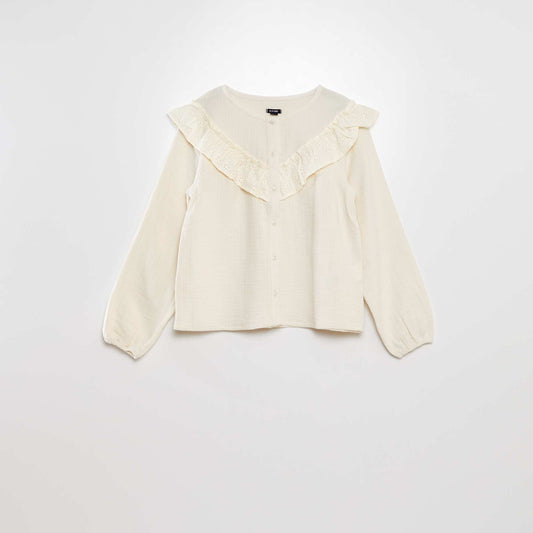 Cotton gauze blouse with ruffled inset WHITE