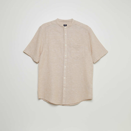Shirt-sleeved linen shirt with mandarin collar WHITE