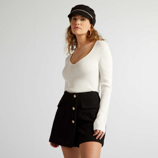 Ribbed sweater with sweetheart neckline WHITE