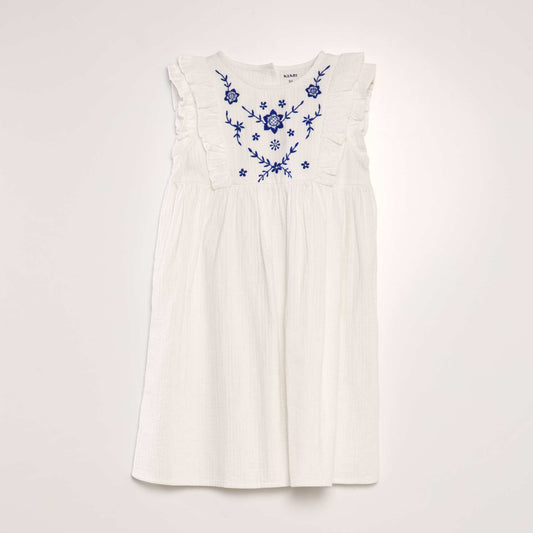 Ruffled embroidered dobby cotton dress WHITE