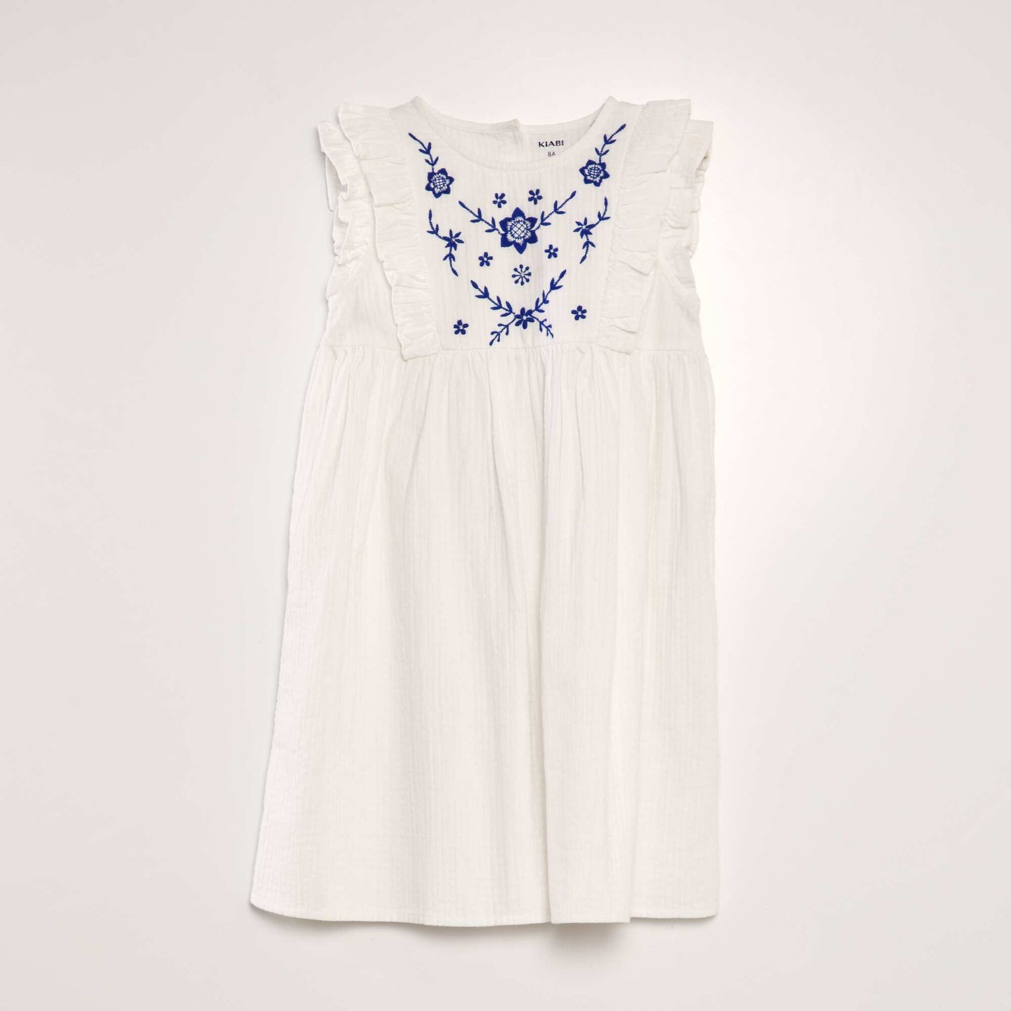 Ruffled embroidered dobby cotton dress WHITE