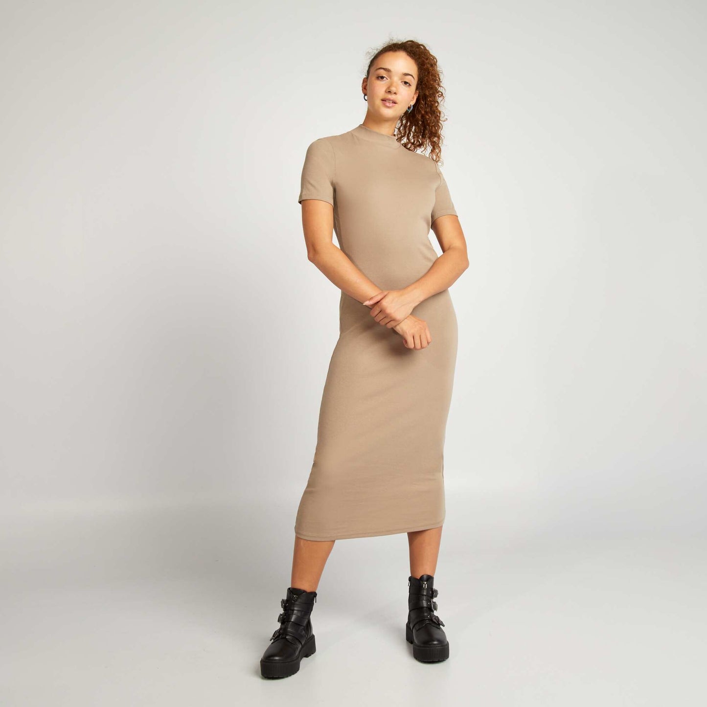 Long plain stretch cotton dress BEIGE
