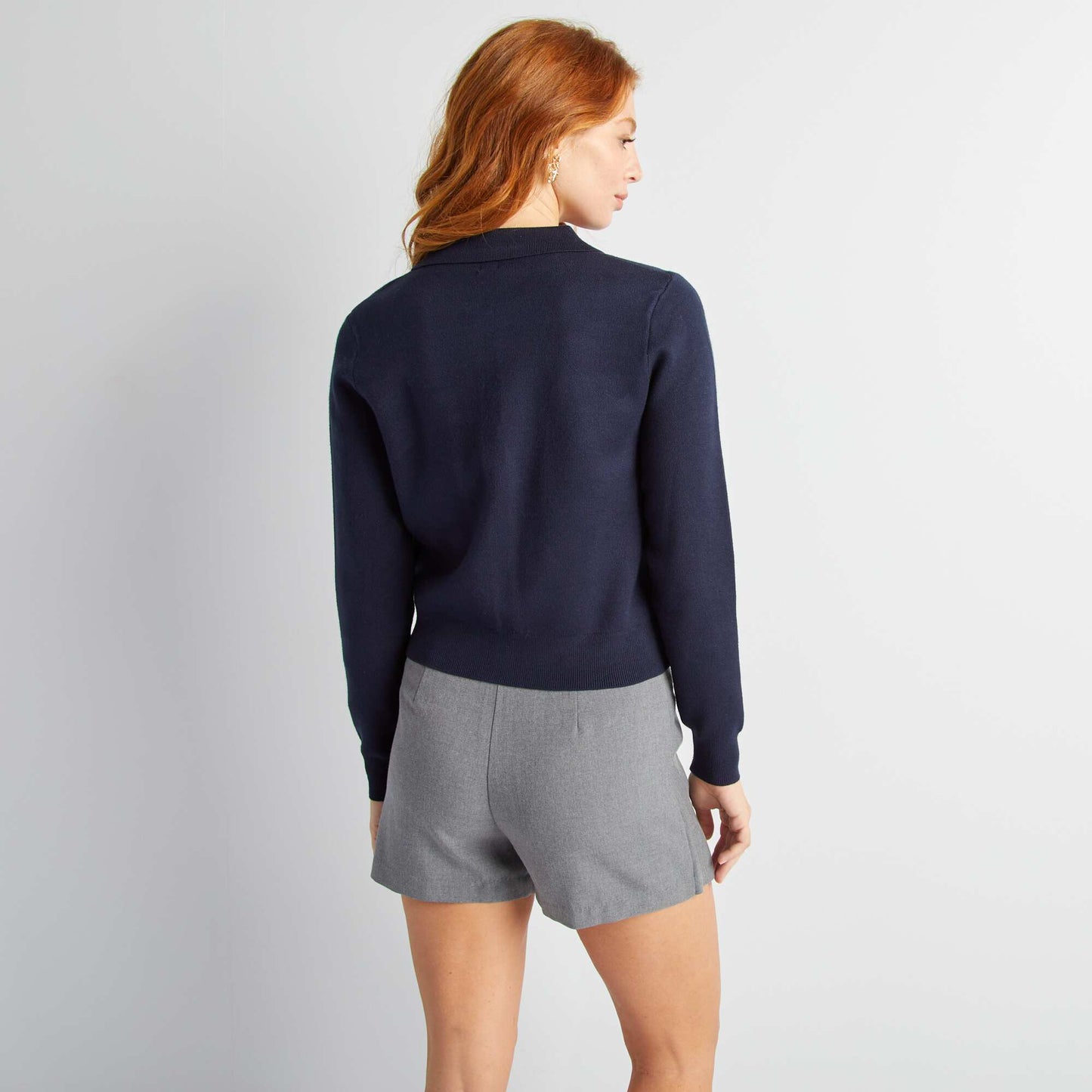 كارديغان محبوك بأزرار وياقة بولو أزرق