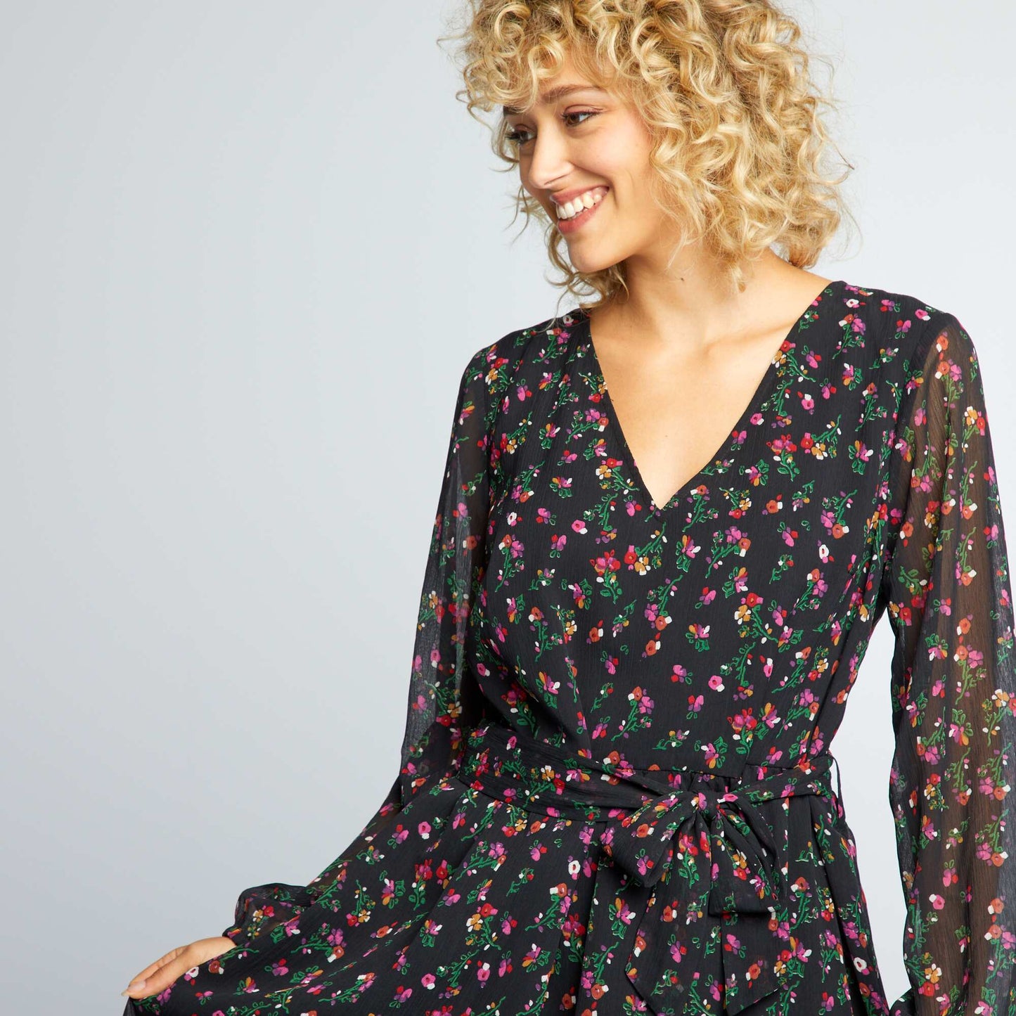 Patterned dress with tie belt Floral Black