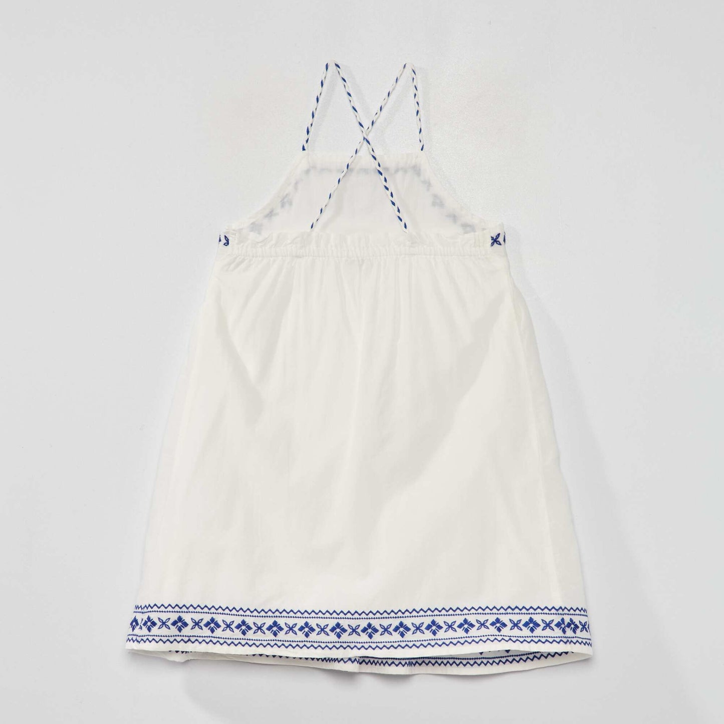 Embroidered full-skirt dress white/blue
