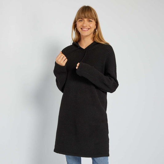 Ribbed sweater dress with hood BLACK
