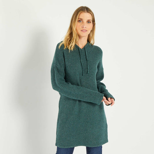 Ribbed sweater dress with hood GREEN