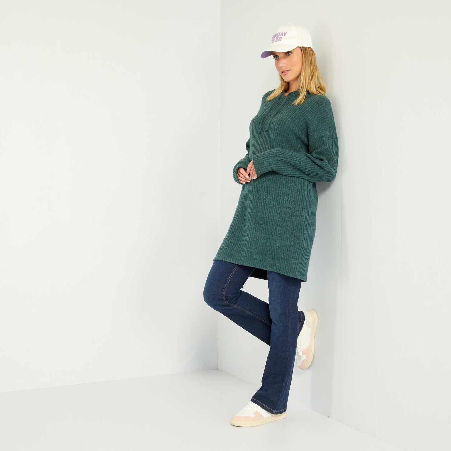 Ribbed sweater dress with hood GREEN