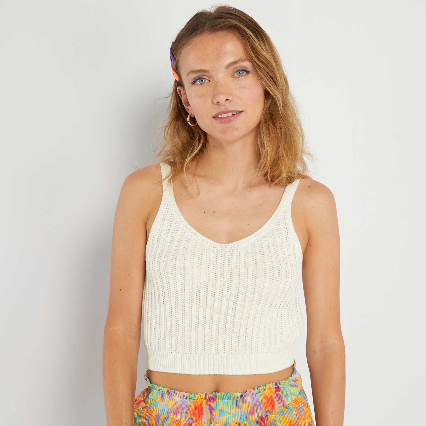 Cropped crochet knit vest top WHITE