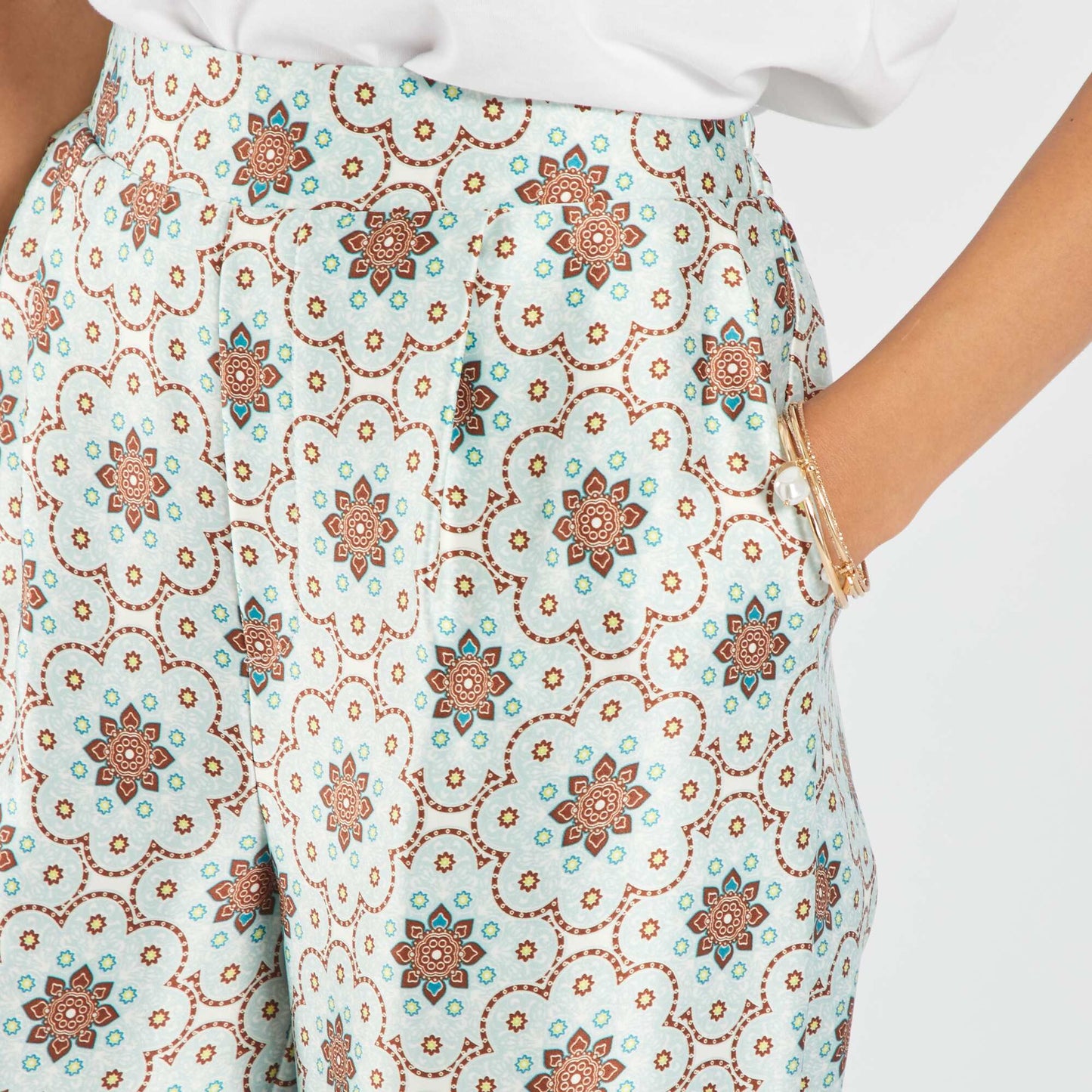 Mandala-style printed wide-leg trousers WHITE