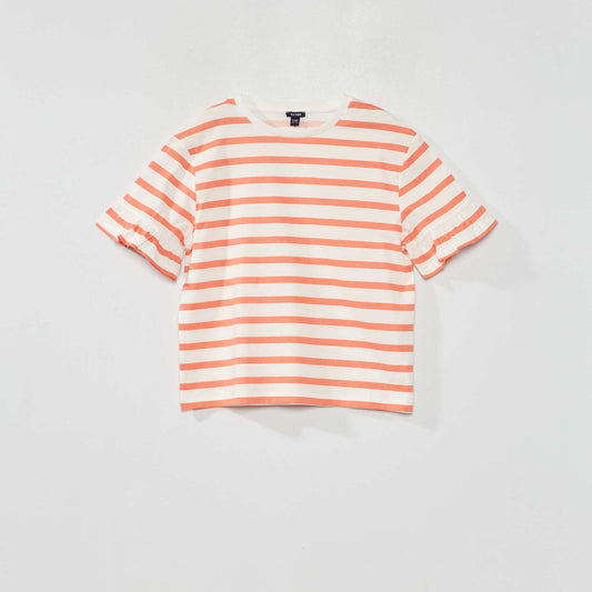 Striped T-shirt with ruffled sleeves RAYE_CORAL