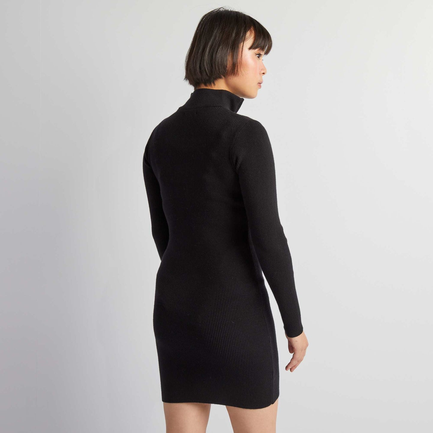 Short ribbed knit dress with high zipped neck black