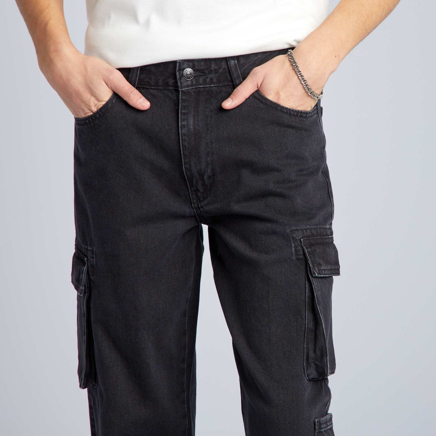 Wide-leg denim trousers with pockets GREY