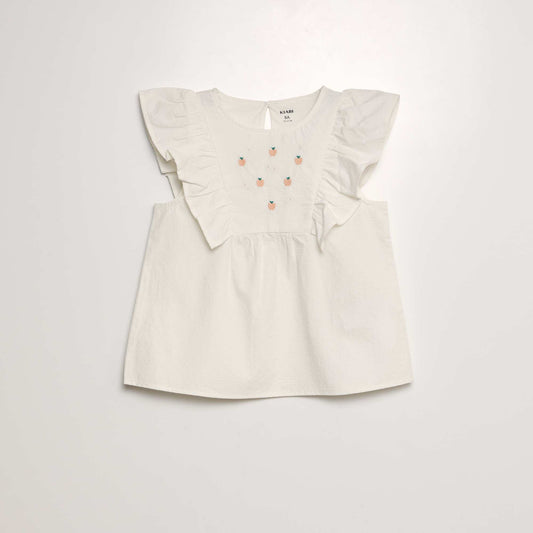 Ruffled blouse with fruit embroidery BEIGE