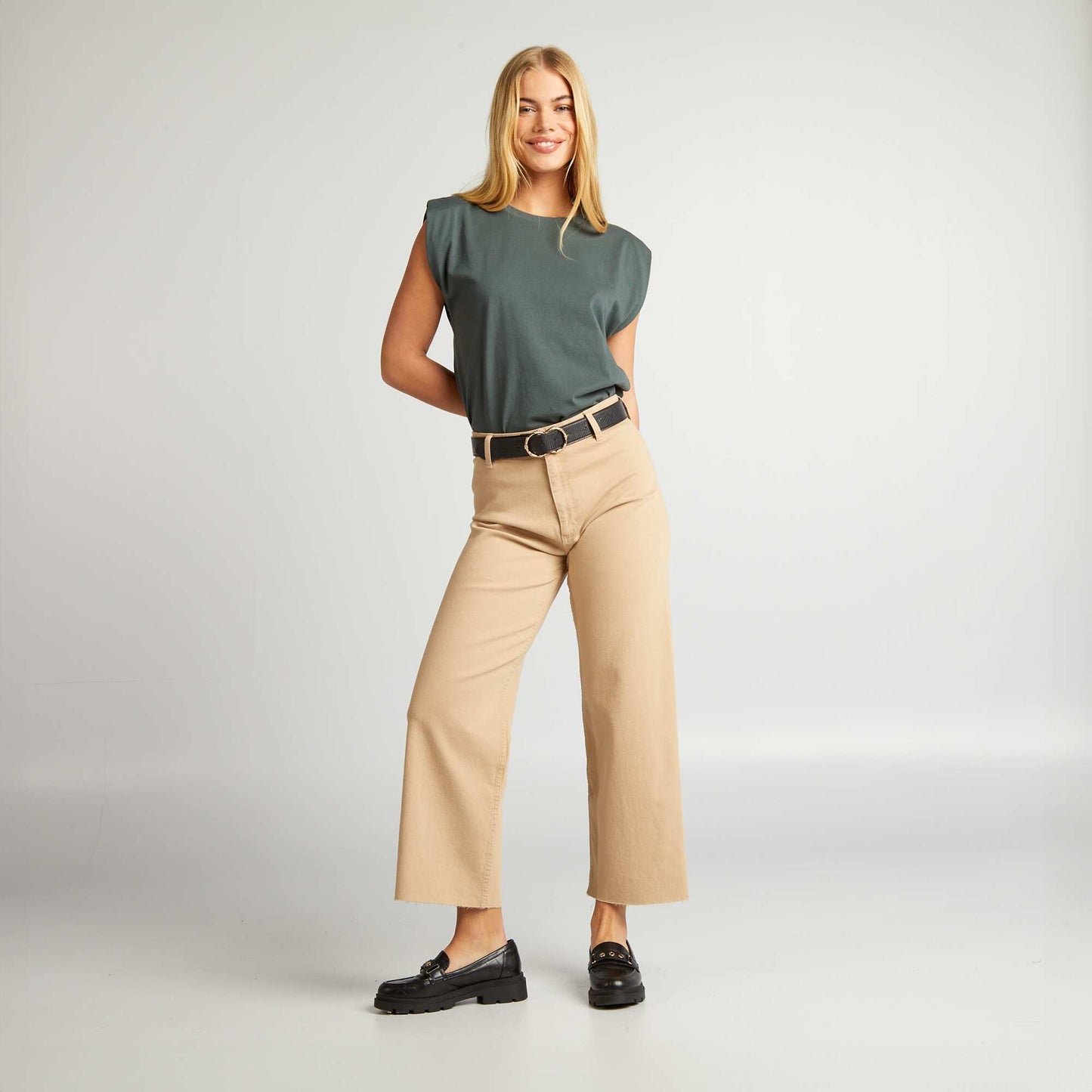 Wide-leg jeans with raw edging BEIGE