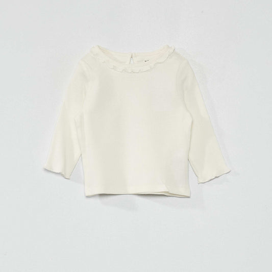 Ribbed knit T-shirt with ruffled collar White