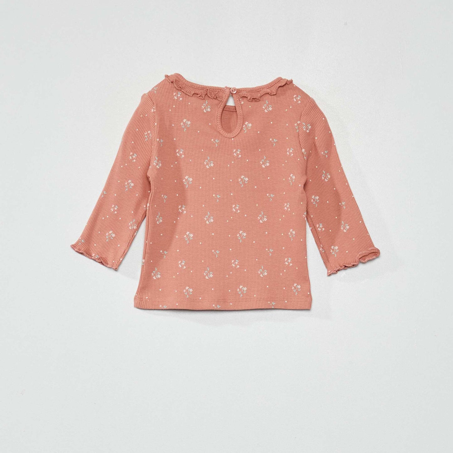 Ribbed knit T-shirt with ruffled collar PINK