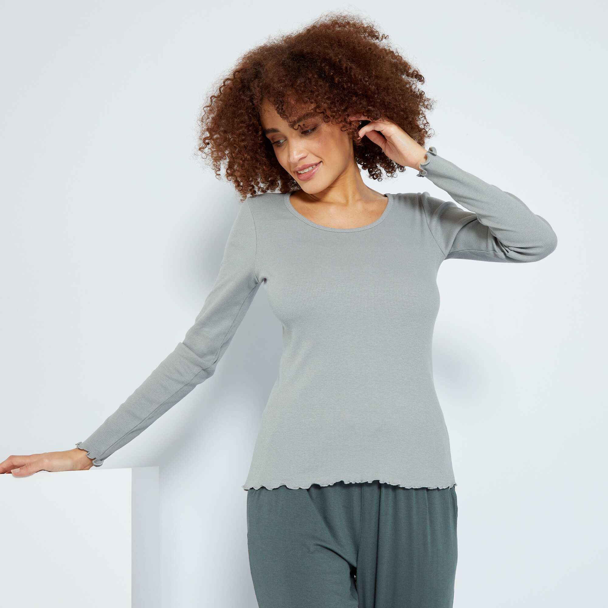 Fine-ribbed pyjama T-shirt neutral grey