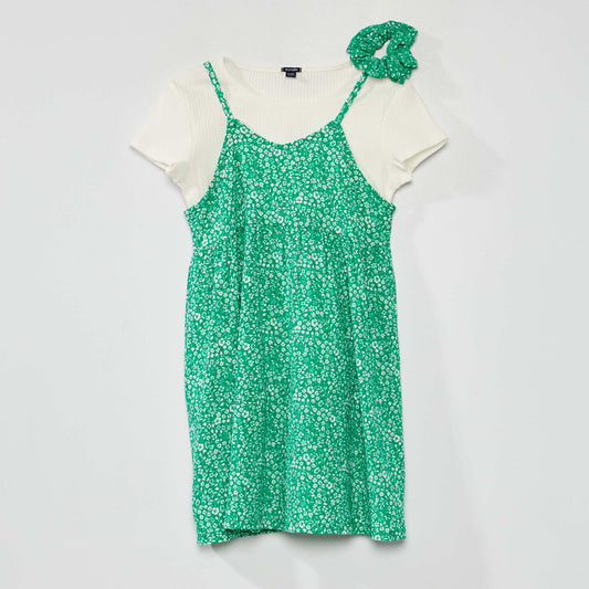 Dress, T-shirt and scrunchie set - Three-piece set GREEN