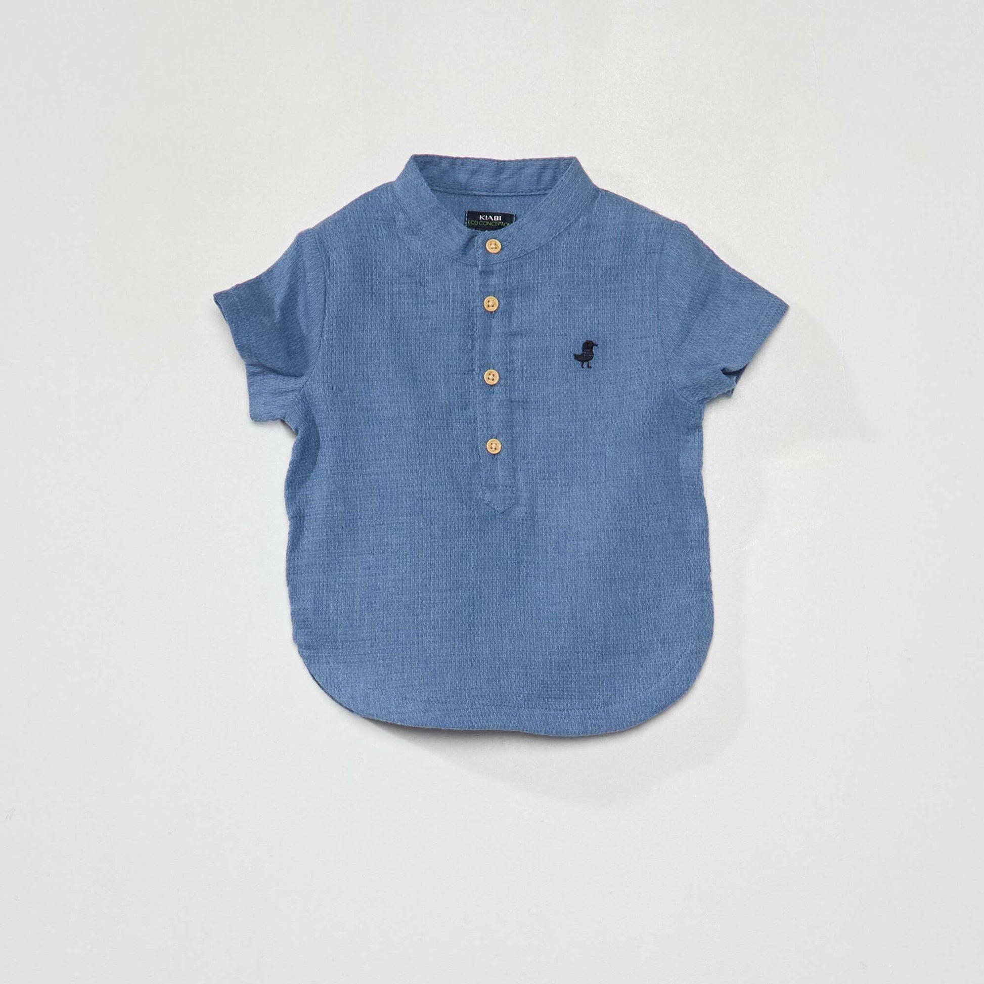 Woven knit shirt with mandarin collar BLUE
