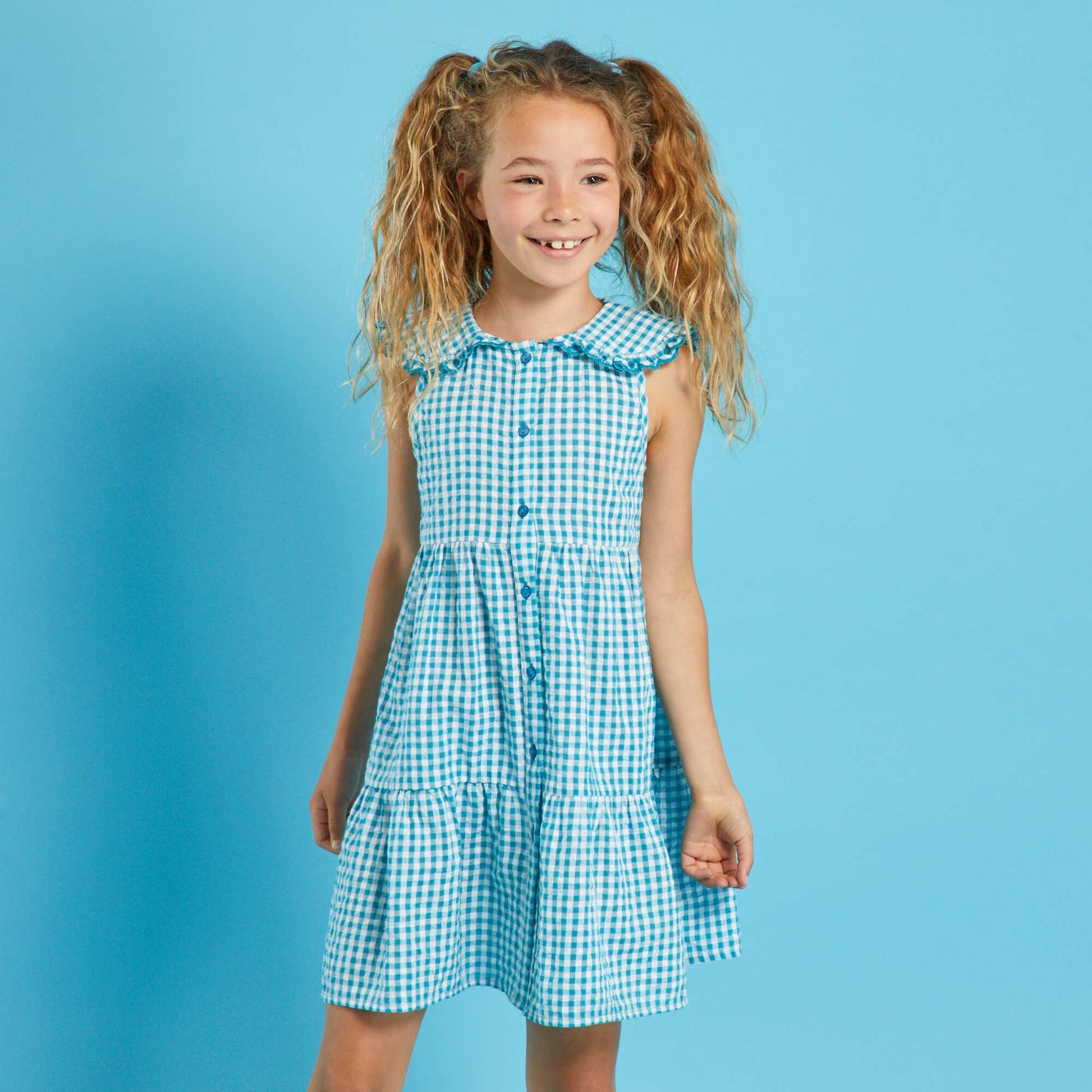 Gingham seersucker dress BLUE