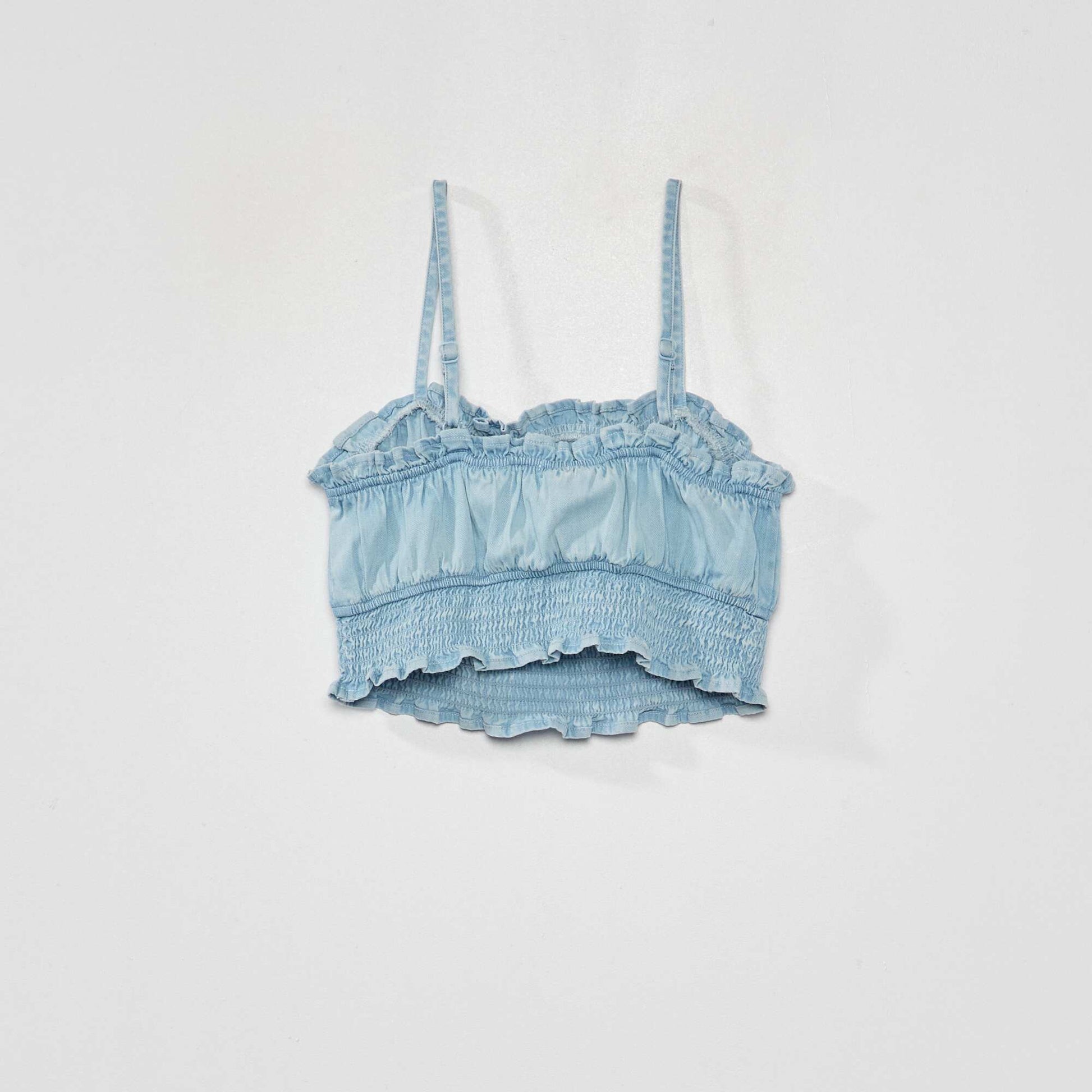 Denim crop top with narrow straps BLUE