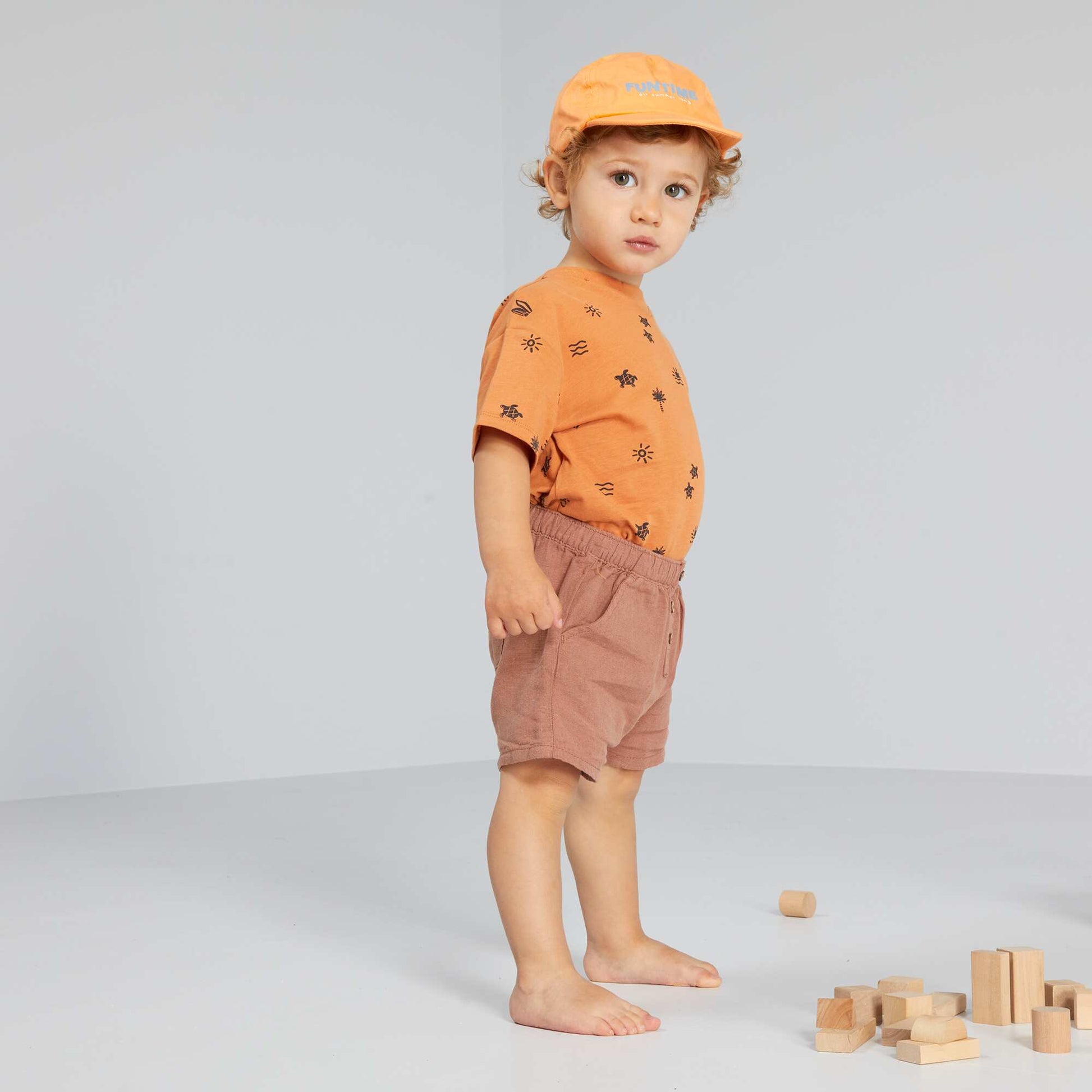Plain cotton and linen shorts BROWN