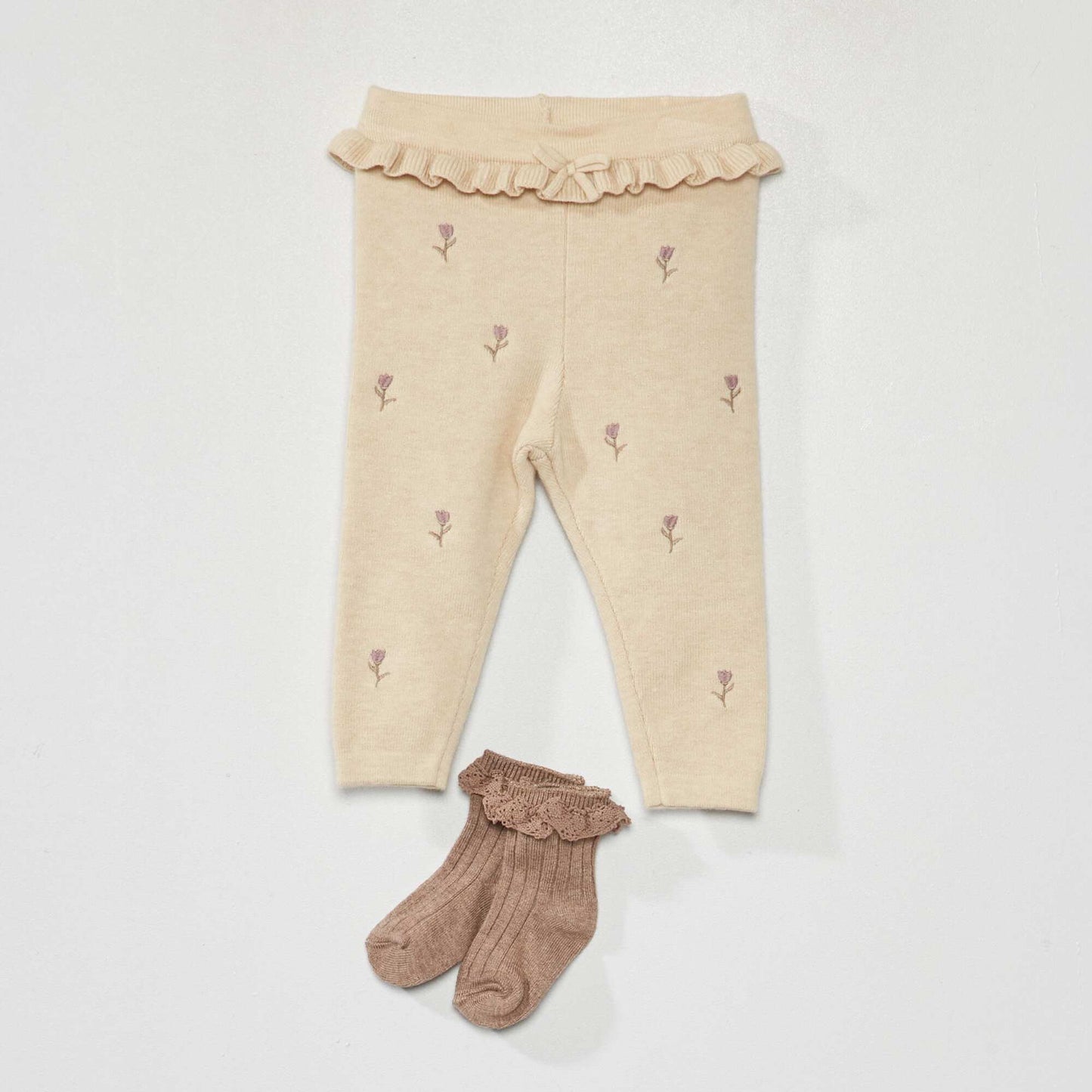 Knit leggings with embroidery + socks - 2-piece set BEIGE