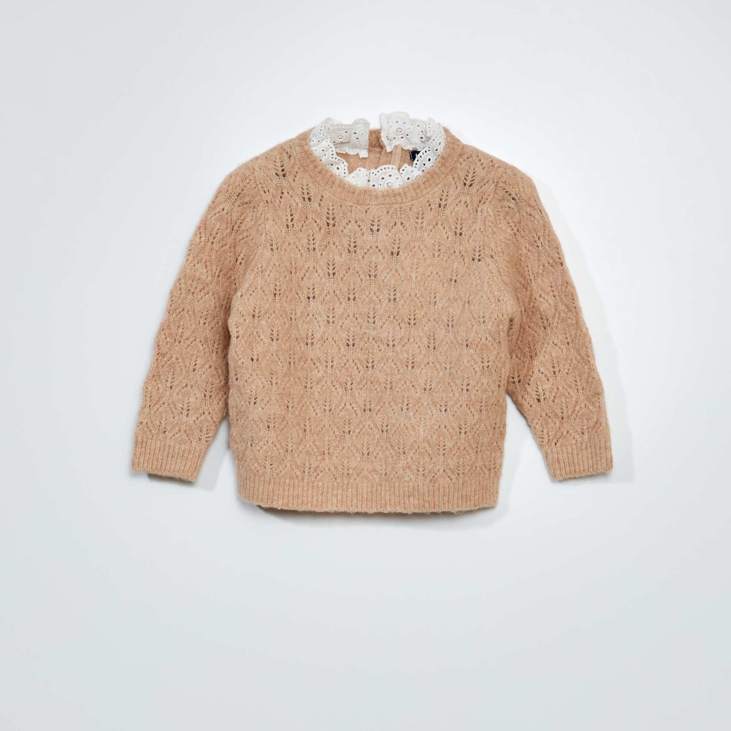 Openwork knit sweater with broderie anglaise LIGHT BEIGE