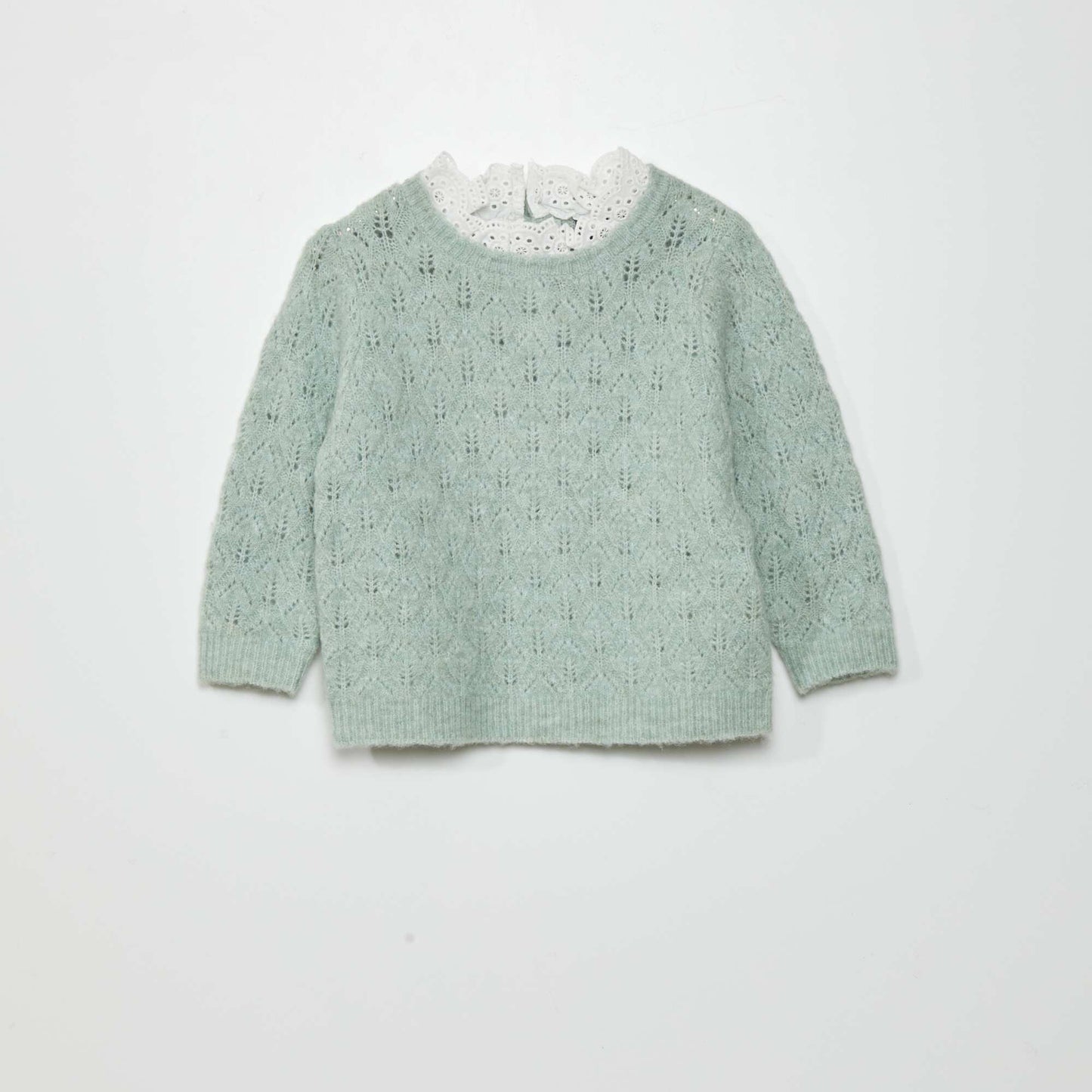 Openwork knit sweater with broderie anglaise OLD GREEN