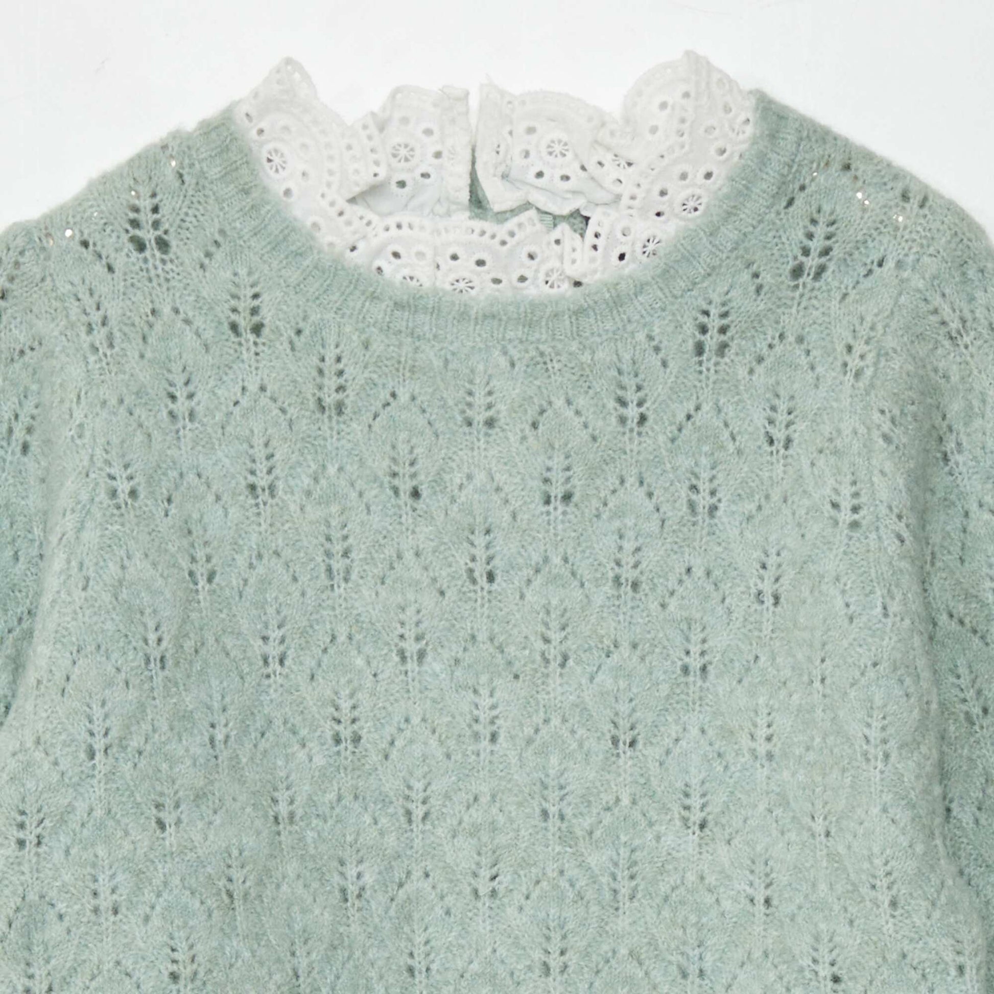 Openwork knit sweater with broderie anglaise OLD GREEN
