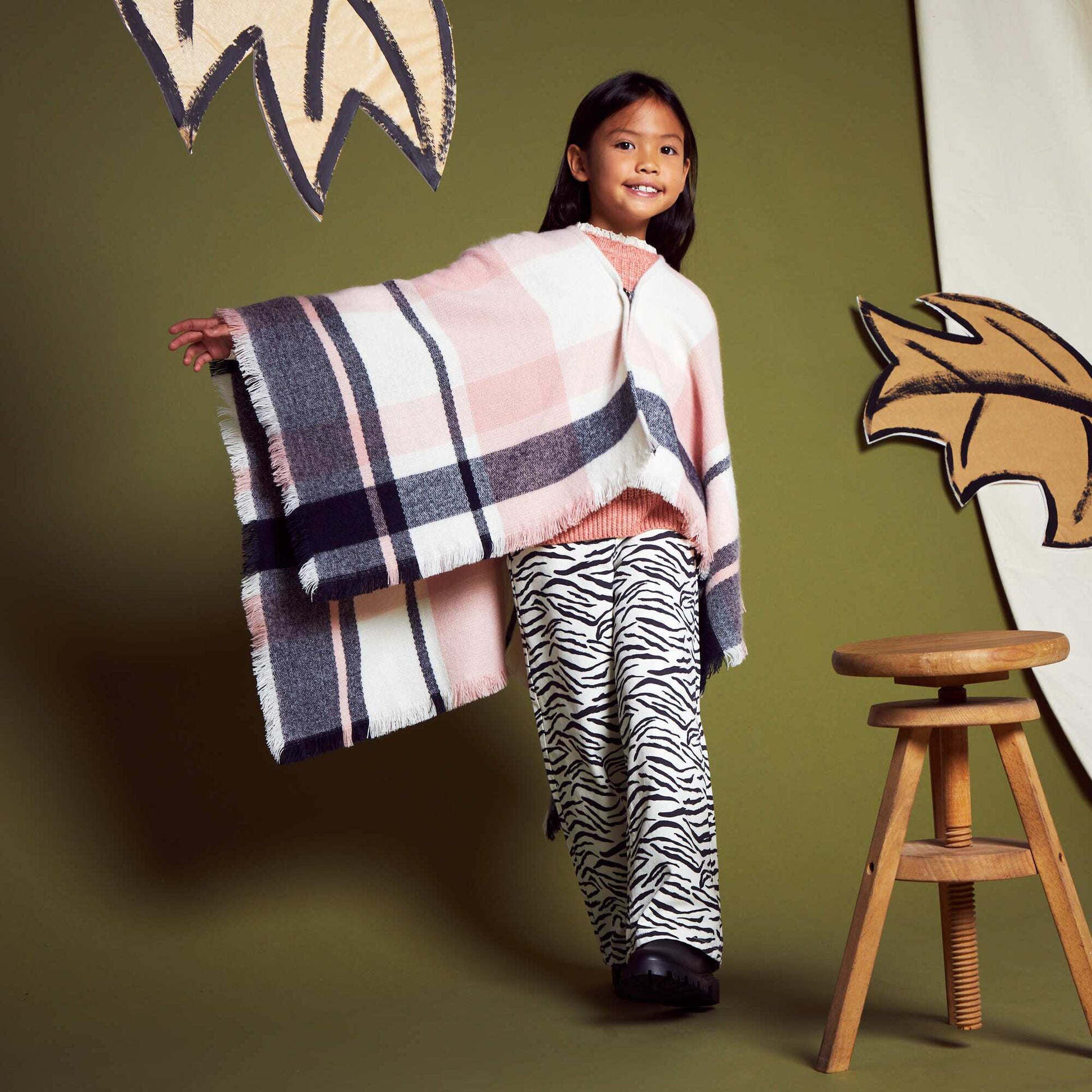 Check print poncho PINK