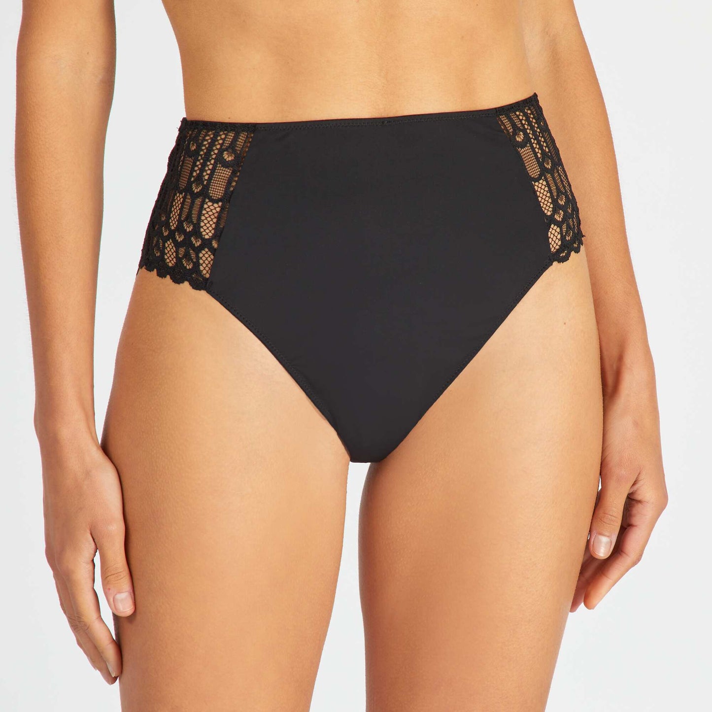 Microfibre and lace high-waisted briefs BLACK