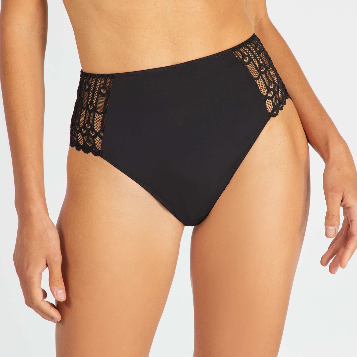 Microfibre and lace high-waisted briefs BLACK