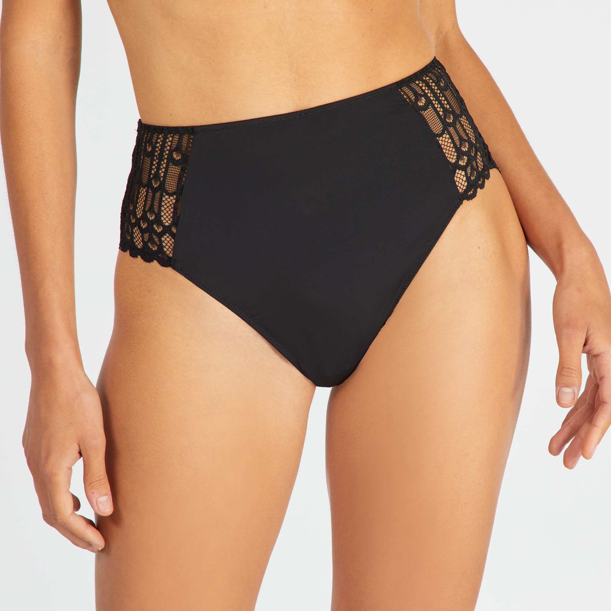 Microfibre and lace high-waisted briefs BLACK