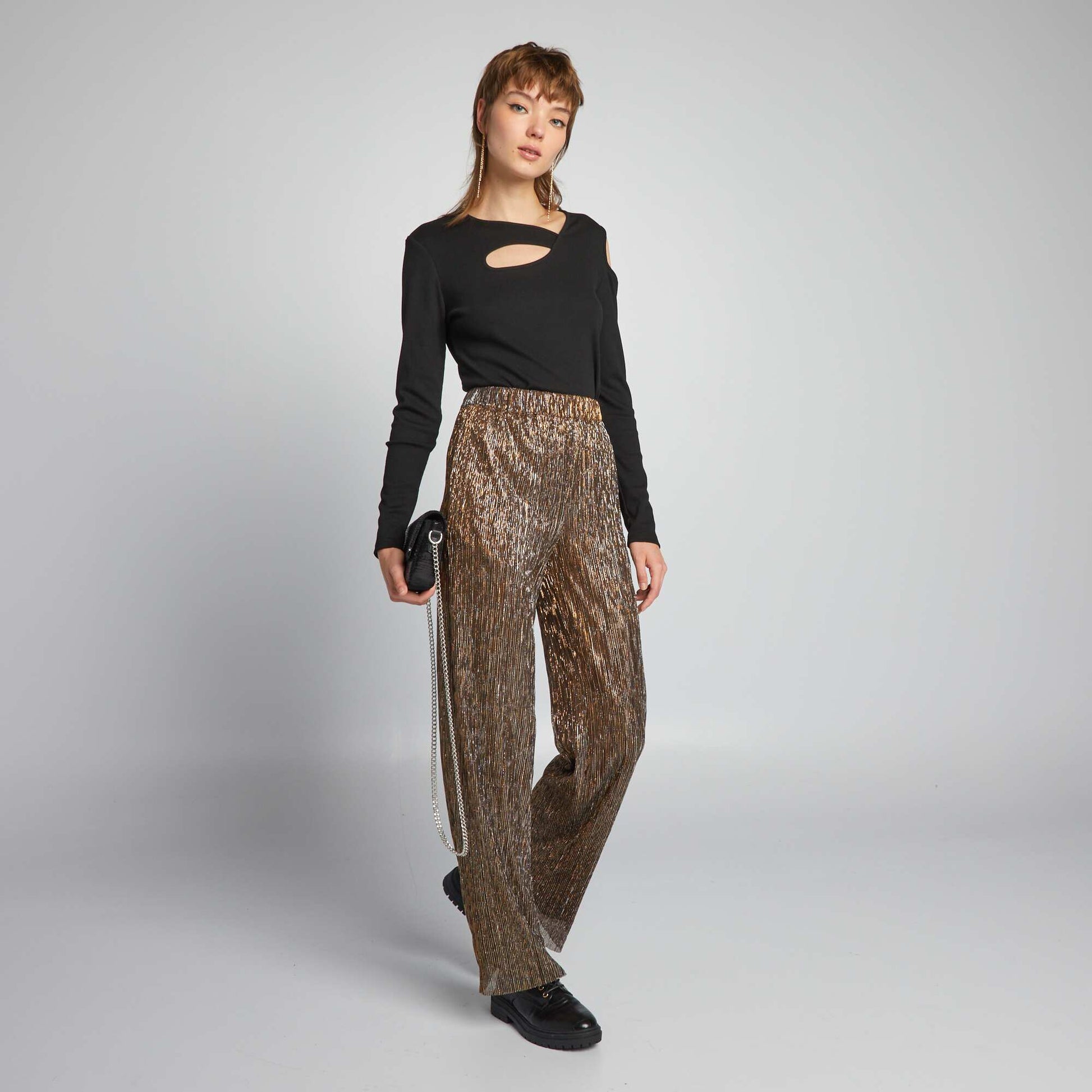 Pleated shiny wide-leg trousers BROWN
