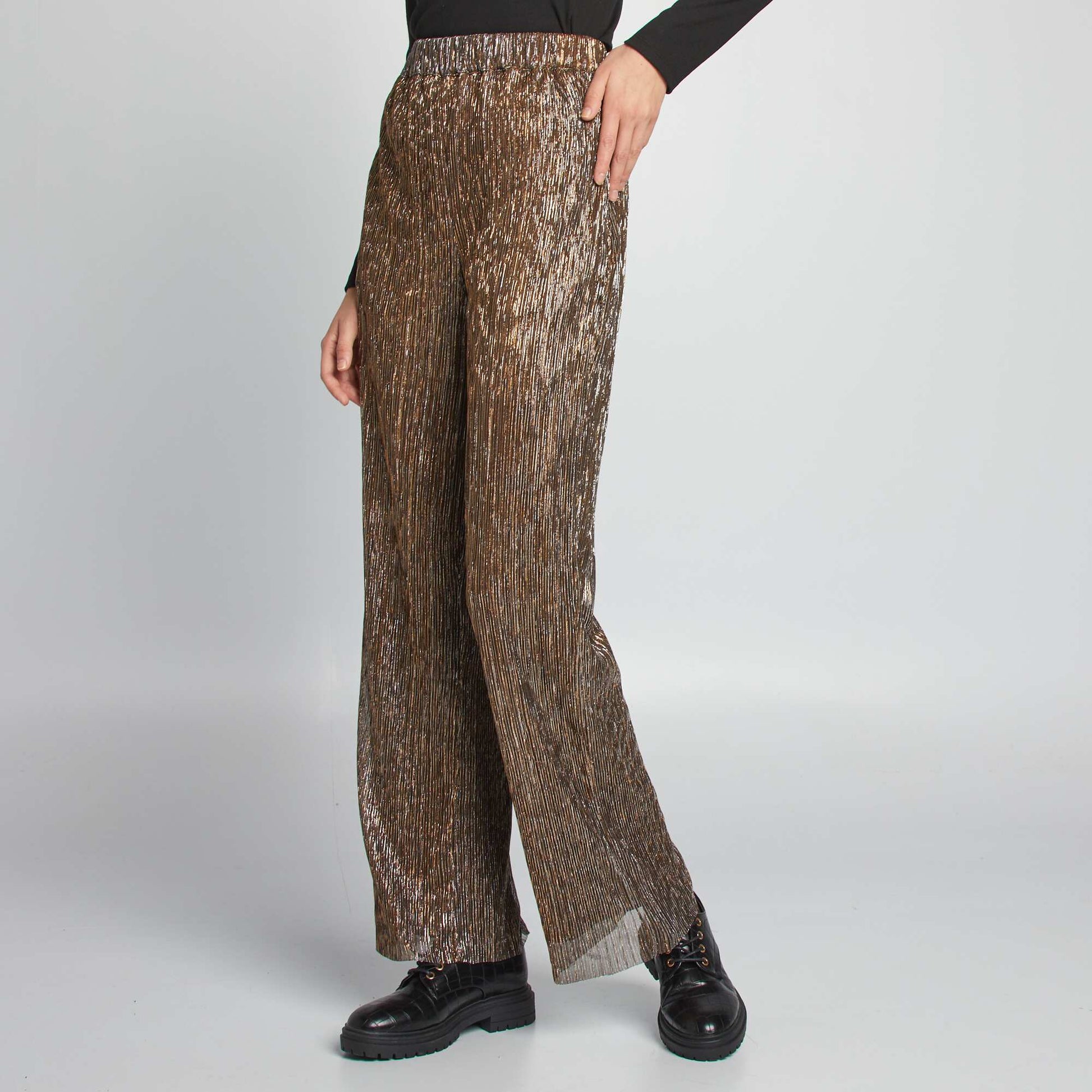 Pleated shiny wide-leg trousers BROWN