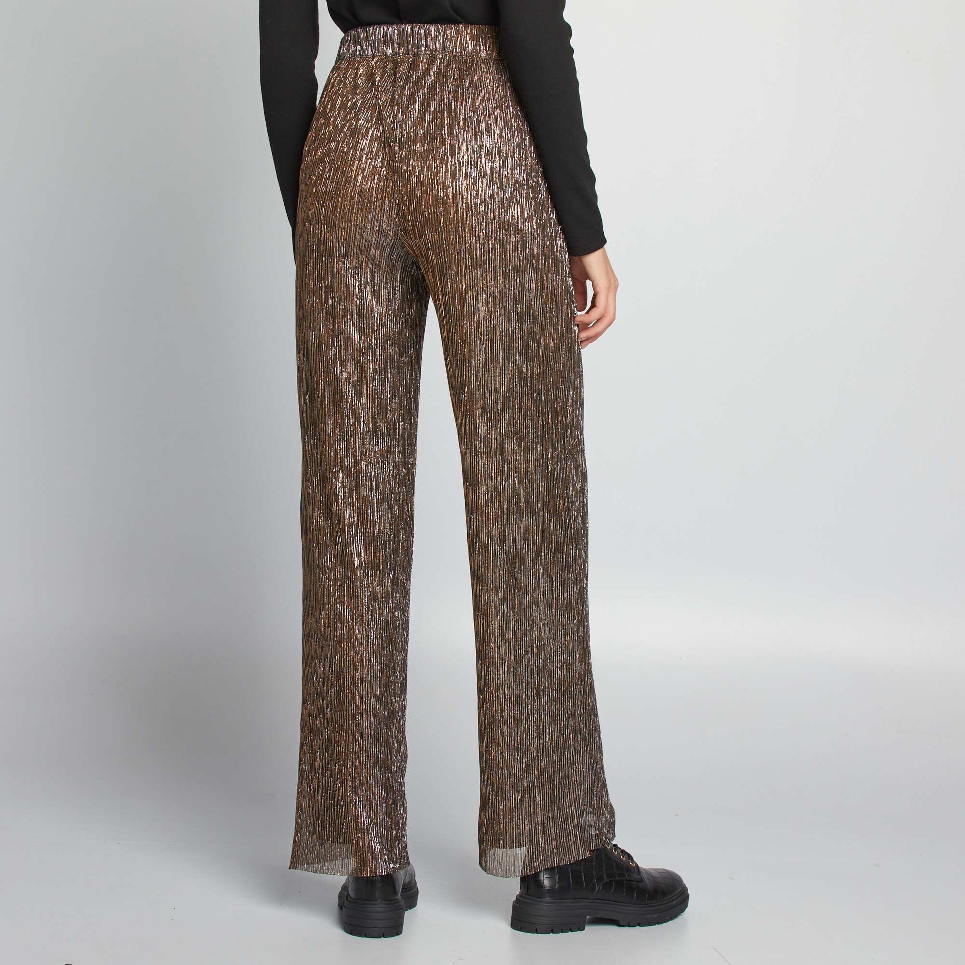 Pleated shiny wide-leg trousers BROWN