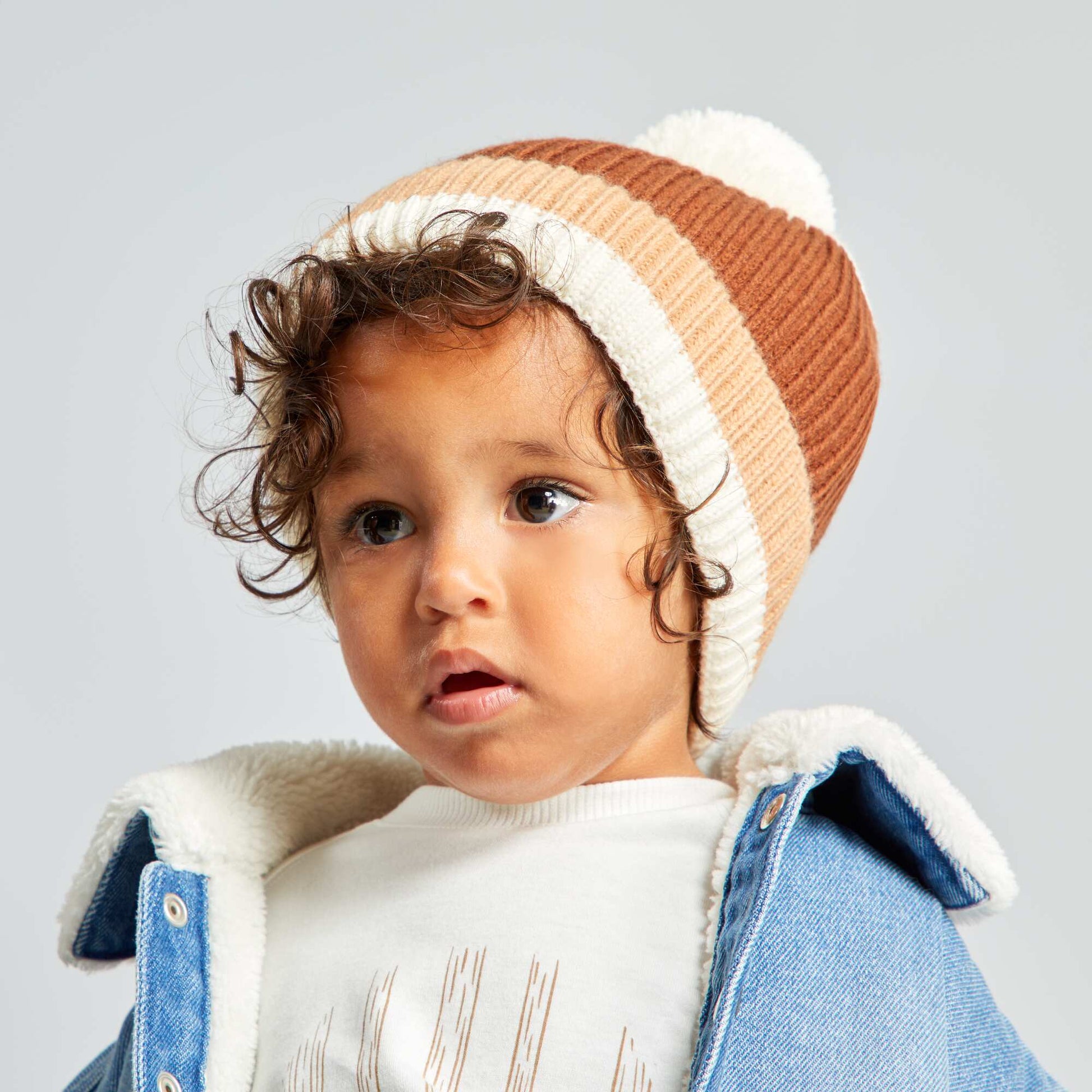 Three-tone pompom hat BROWN