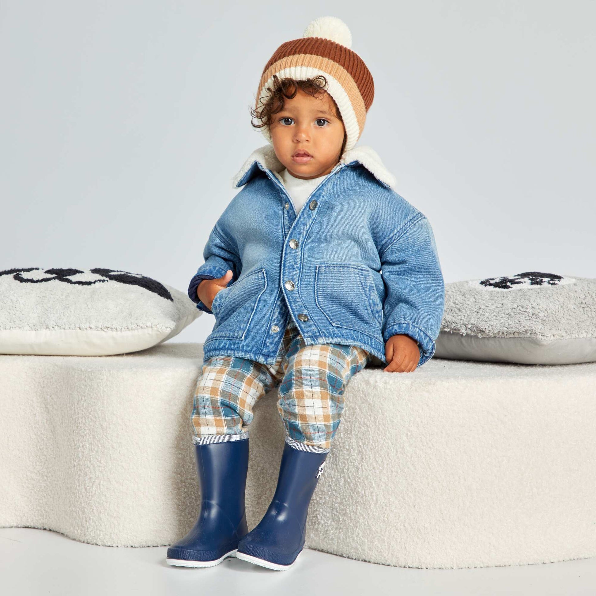 Three-tone pompom hat BROWN