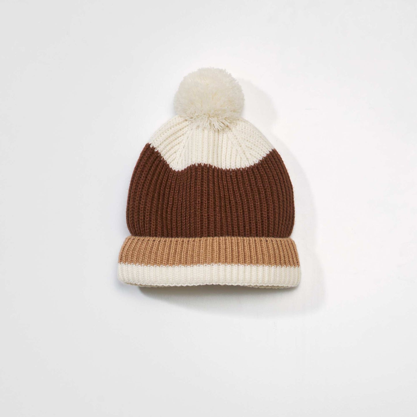 Three-tone pompom hat BROWN