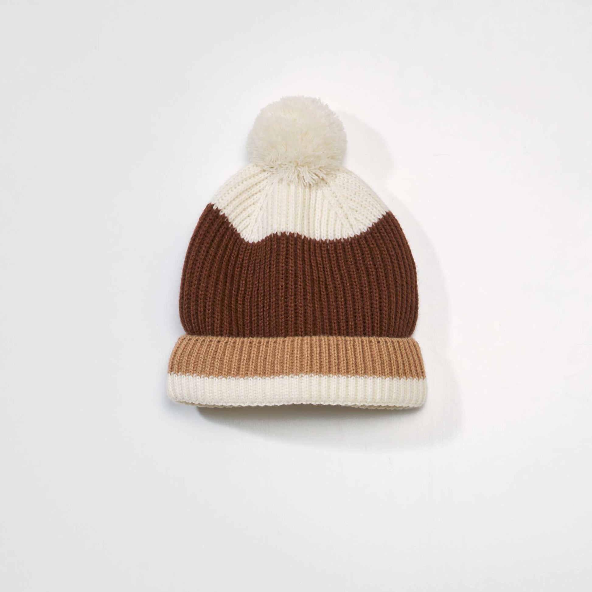 Three-tone pompom hat BROWN
