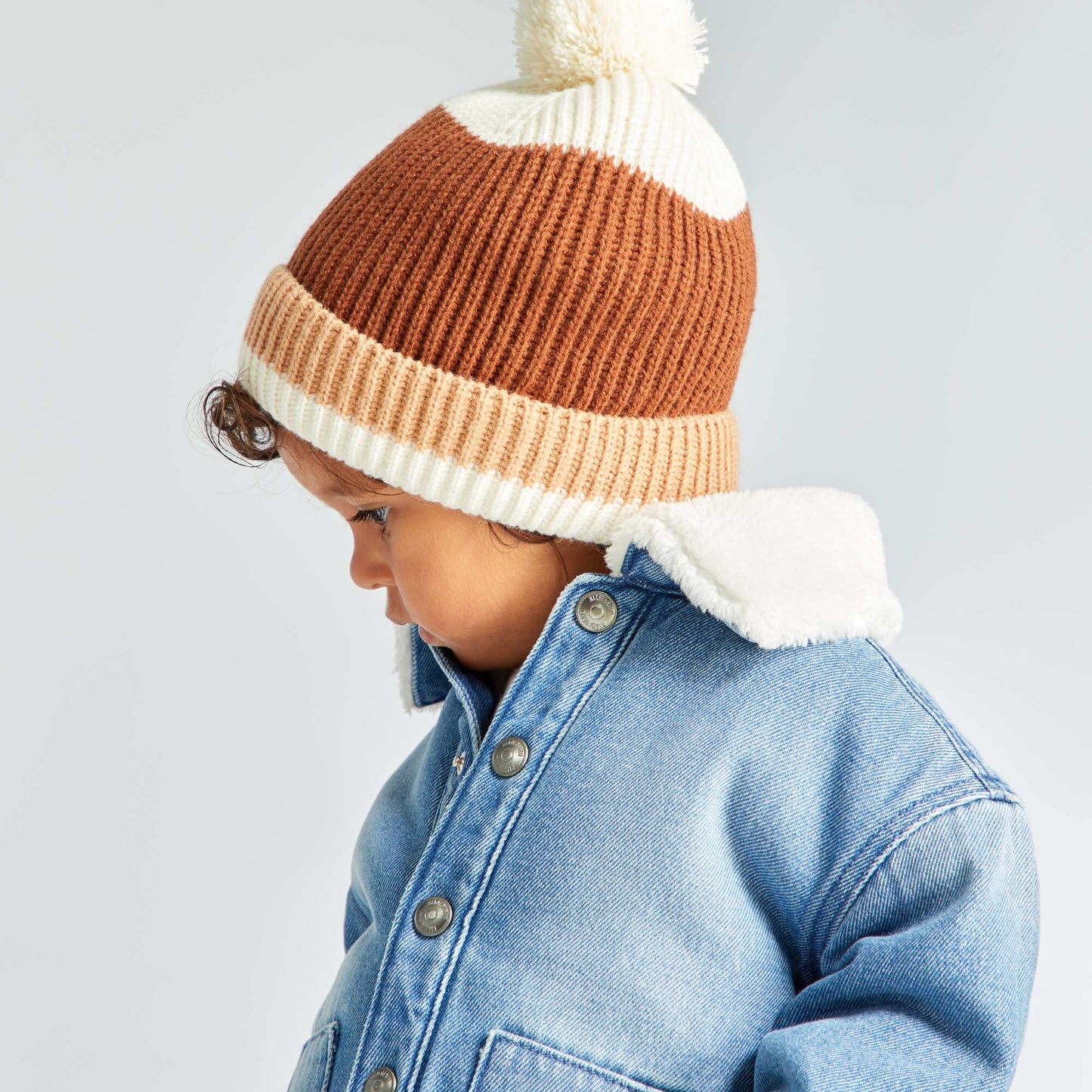 Three-tone pompom hat BROWN
