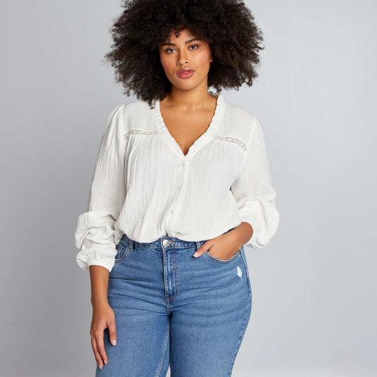 Cotton gauze blouse with ruffled collar WHITE