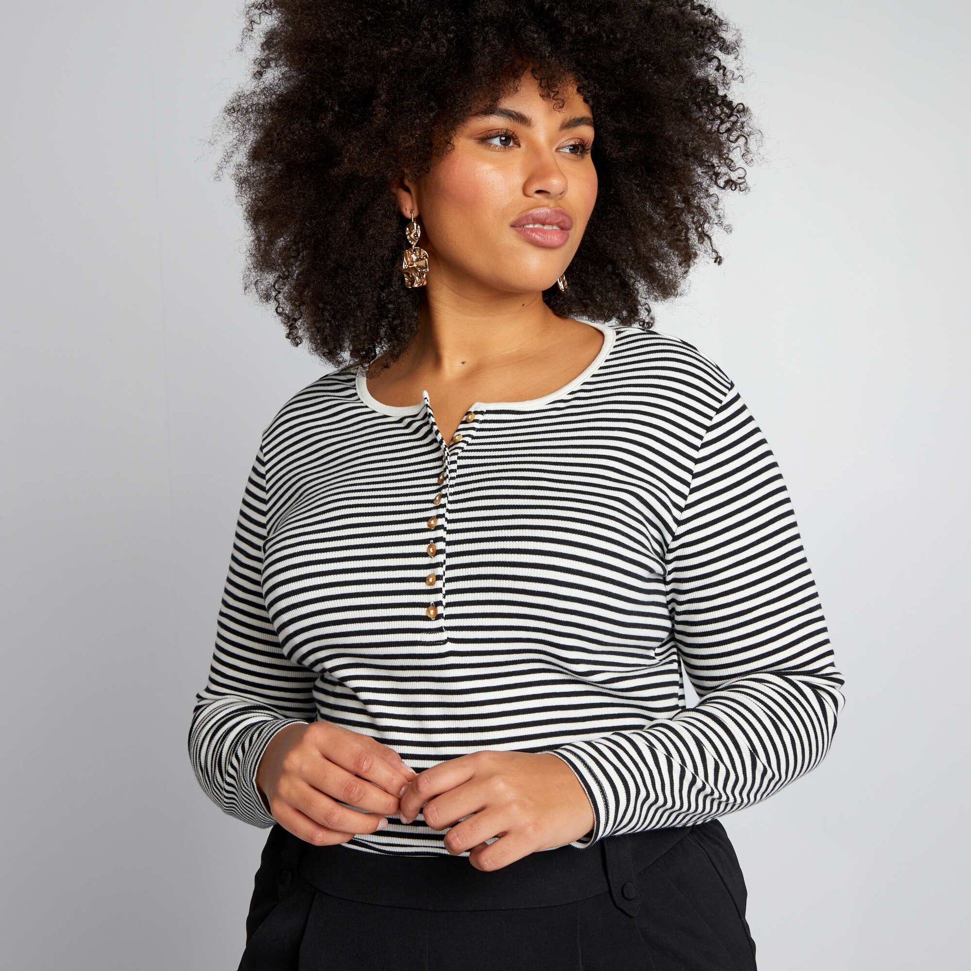 Striped T-shirt with buttoned neck WHITE