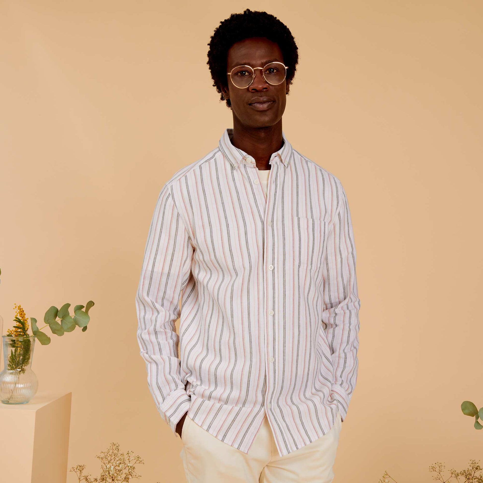 Lightweight striped cotton and linen shirt WHITE