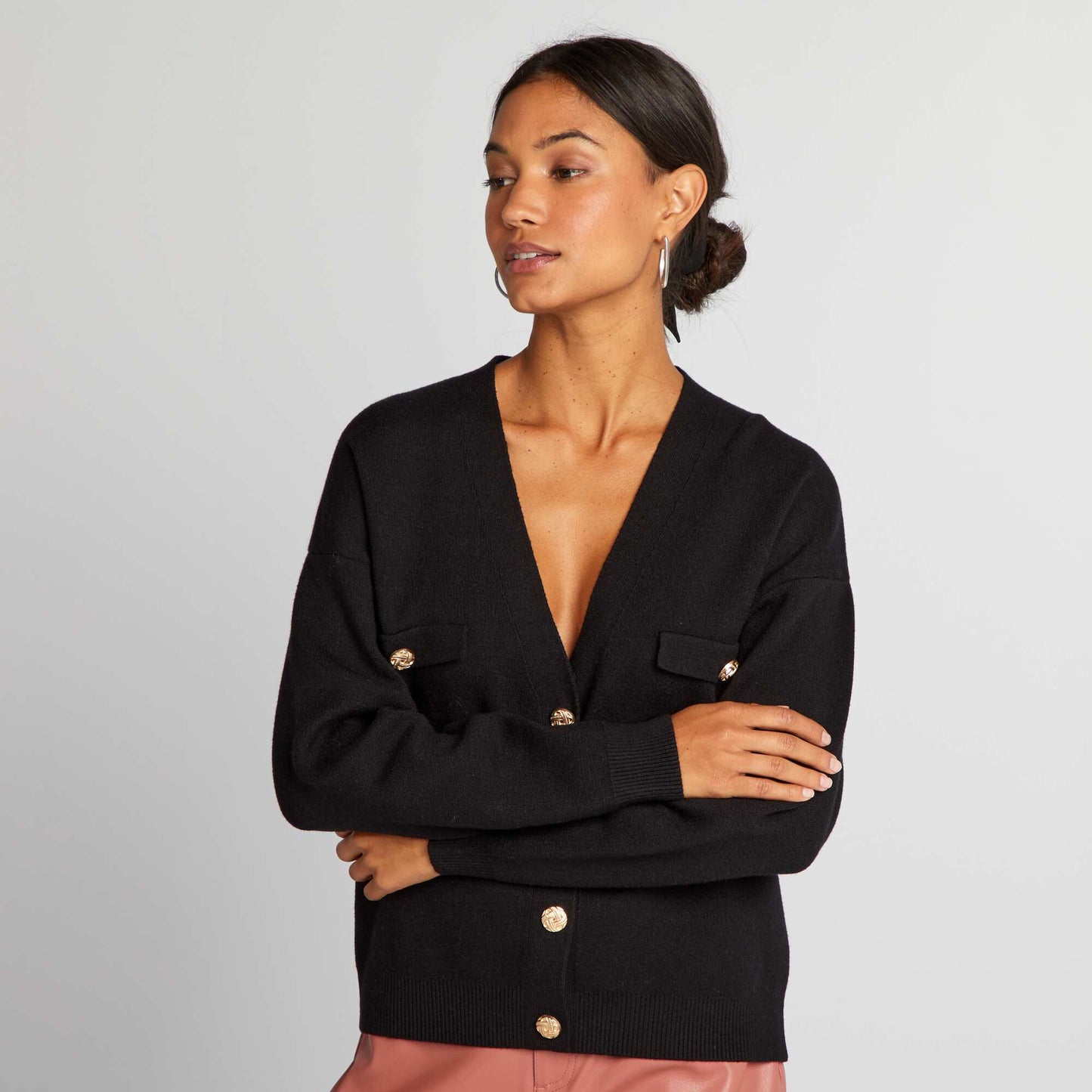 V-neck cardigan with gold buttons BLACK
