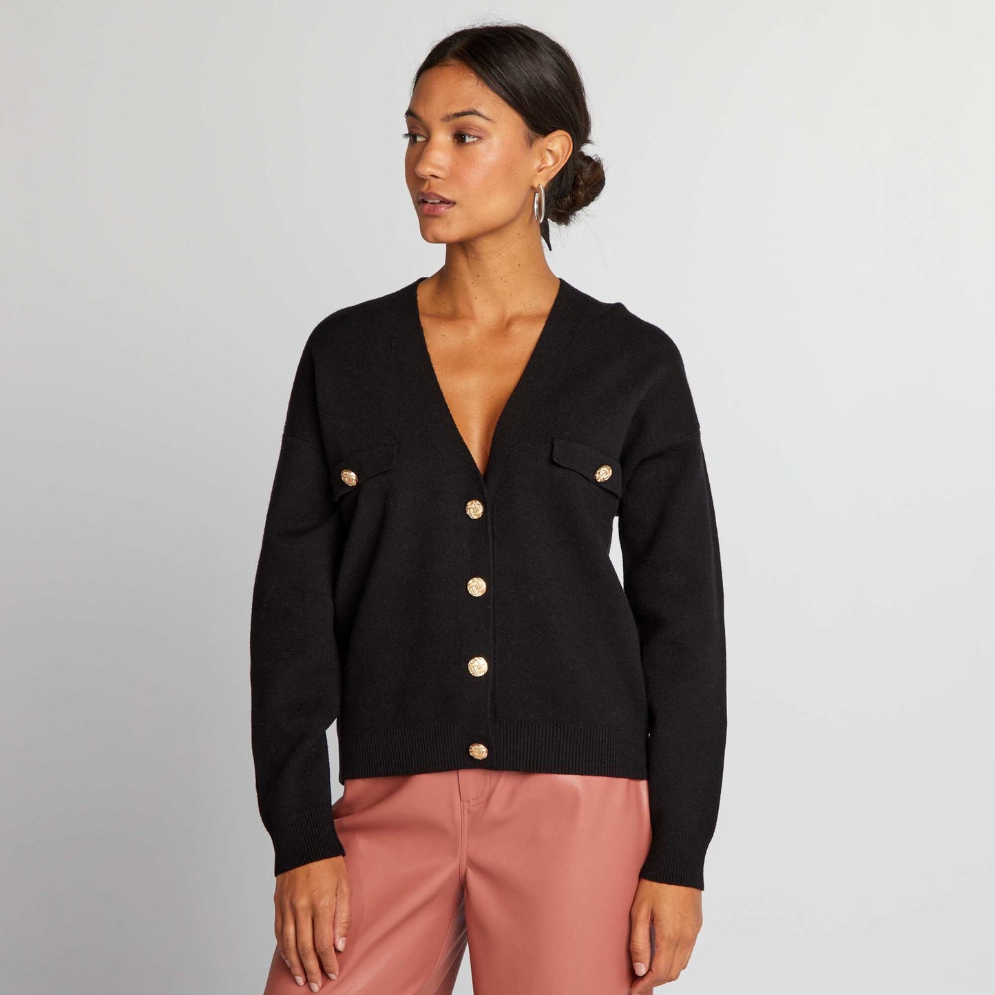 V-neck cardigan with gold buttons BLACK